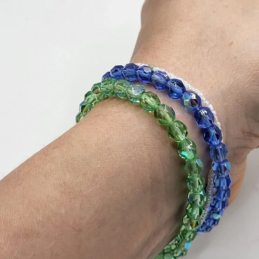 Lot of 3 Handmade Stretch Bracelets Set Featuring Green and Blue Faceted Crystal